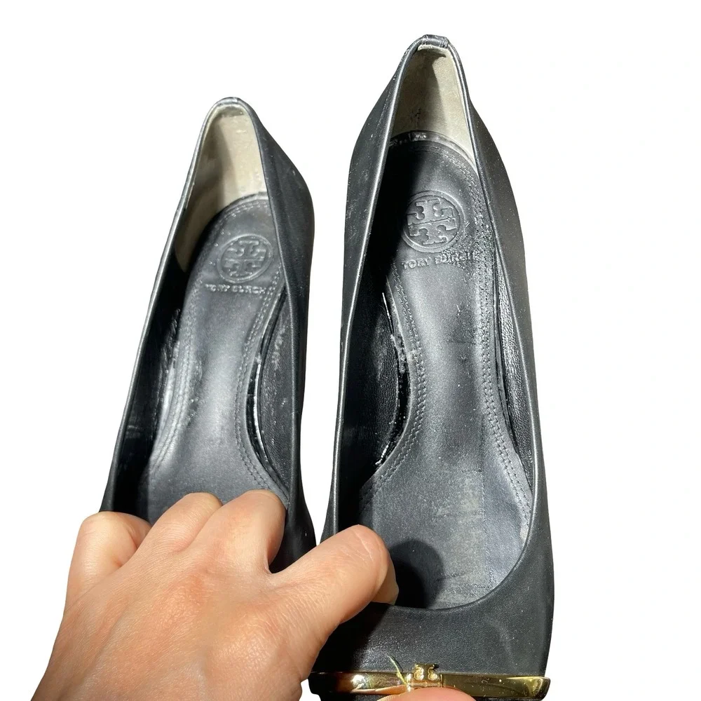 Tory Burch Black Leather Cap Toe Wedge Pumps Gold Logo Hardware Size 6.5